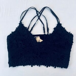 POL Black Floral Crochet Lace Bralette BWT323 Smocked Back Crop Top New L